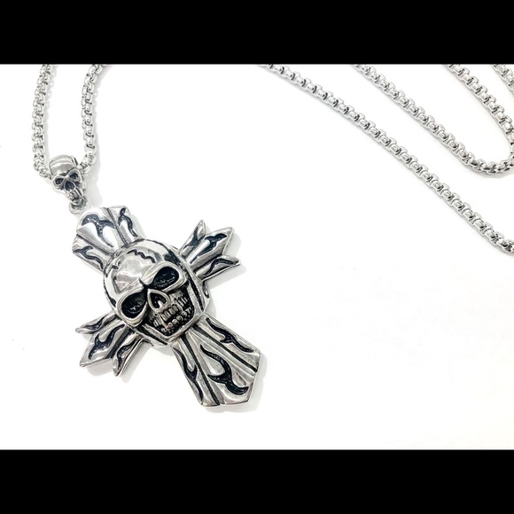 Stainless Steel BIKER PUNK SKULL CROSS NECKLACE - Picture 6 of 8